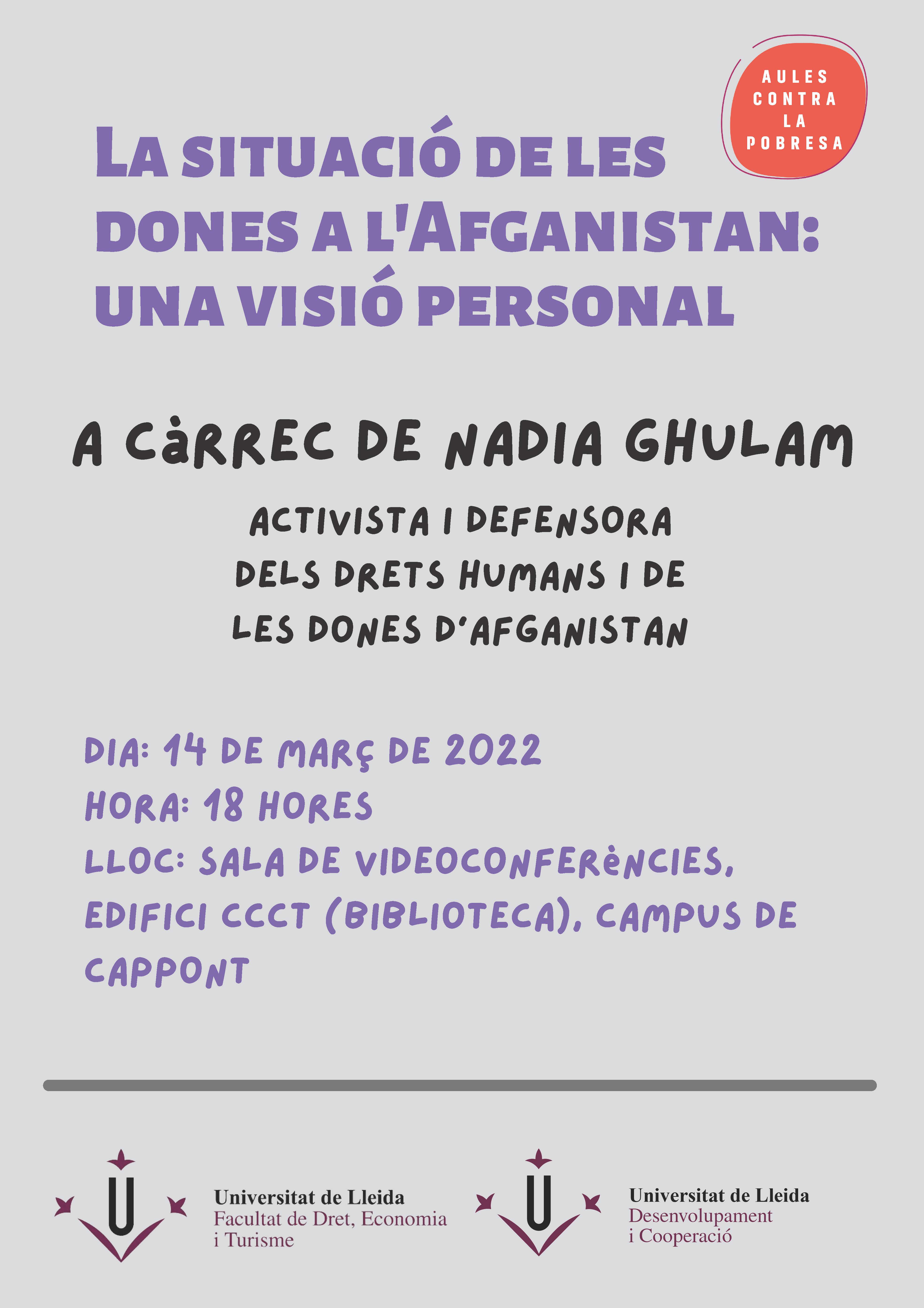 Cartell de la xerrada de la Nadia Ghulam Cartell_Aules_Afganistan